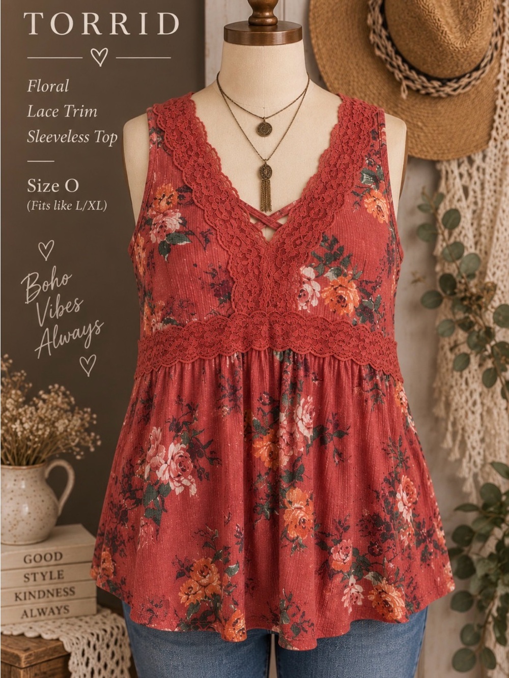 TORRID- dark Raspberry Coral colir- Floral Lace-Trim Tank Top